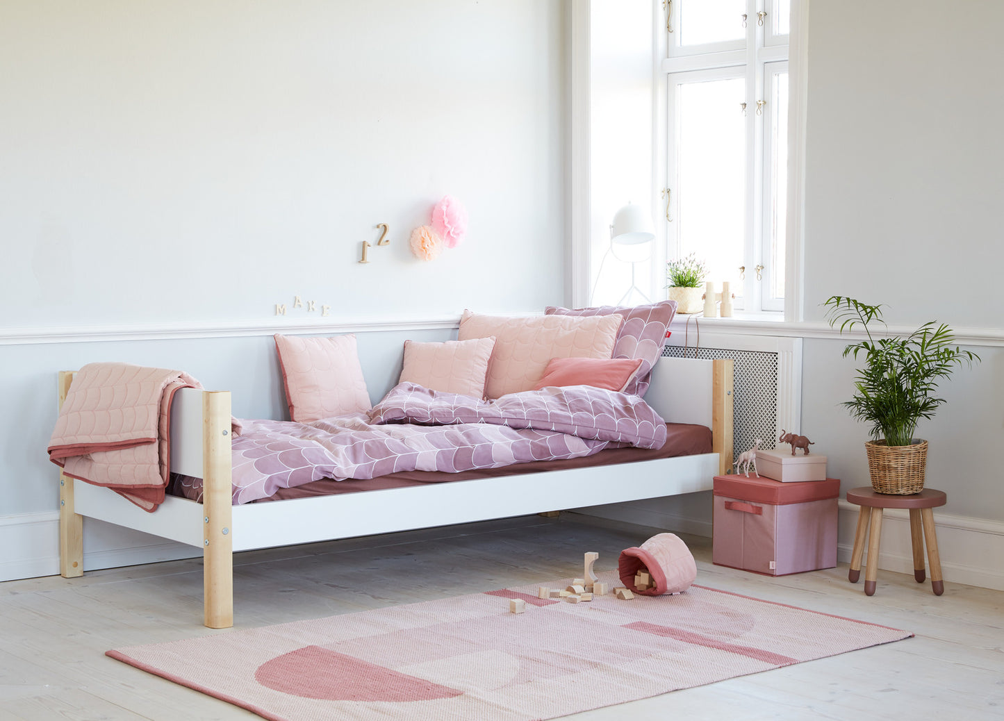 WHITE Single Bed with Birch Legs